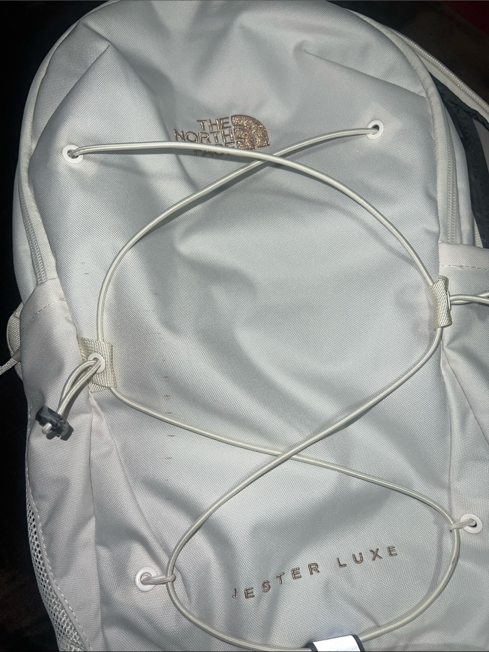 The North Face Jester Luxe Backpack in Ivory with Rose Gold Accents